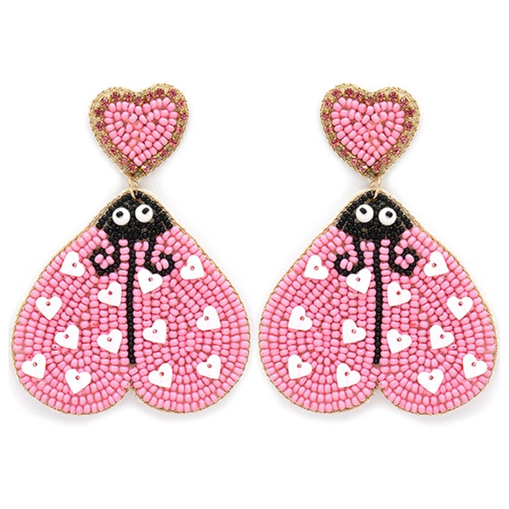 Ladybug Heart BEADED & SEQUINED Earrings NIP